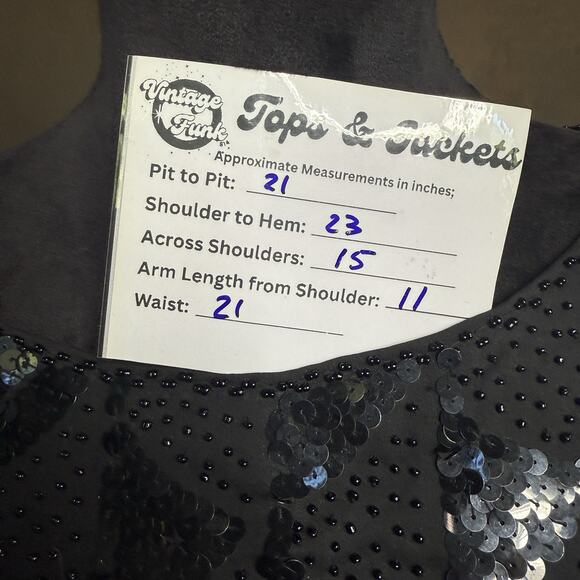 Vintage Hand Embroidered Black Sequin Beaded Top Blouse Scallop Hem Size 42 - Picture 10 of 10